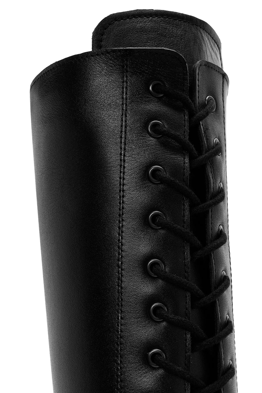 Women's Black Lace-Up Zipper Detailed Thick Heeled Leather Boots