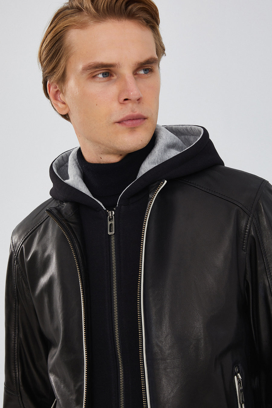 Tatum Men's Black Hooded Sports Leather Coat