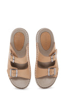 Women's Beige Double Buckled Nubuck Leather Comfort Slippers | Derimod