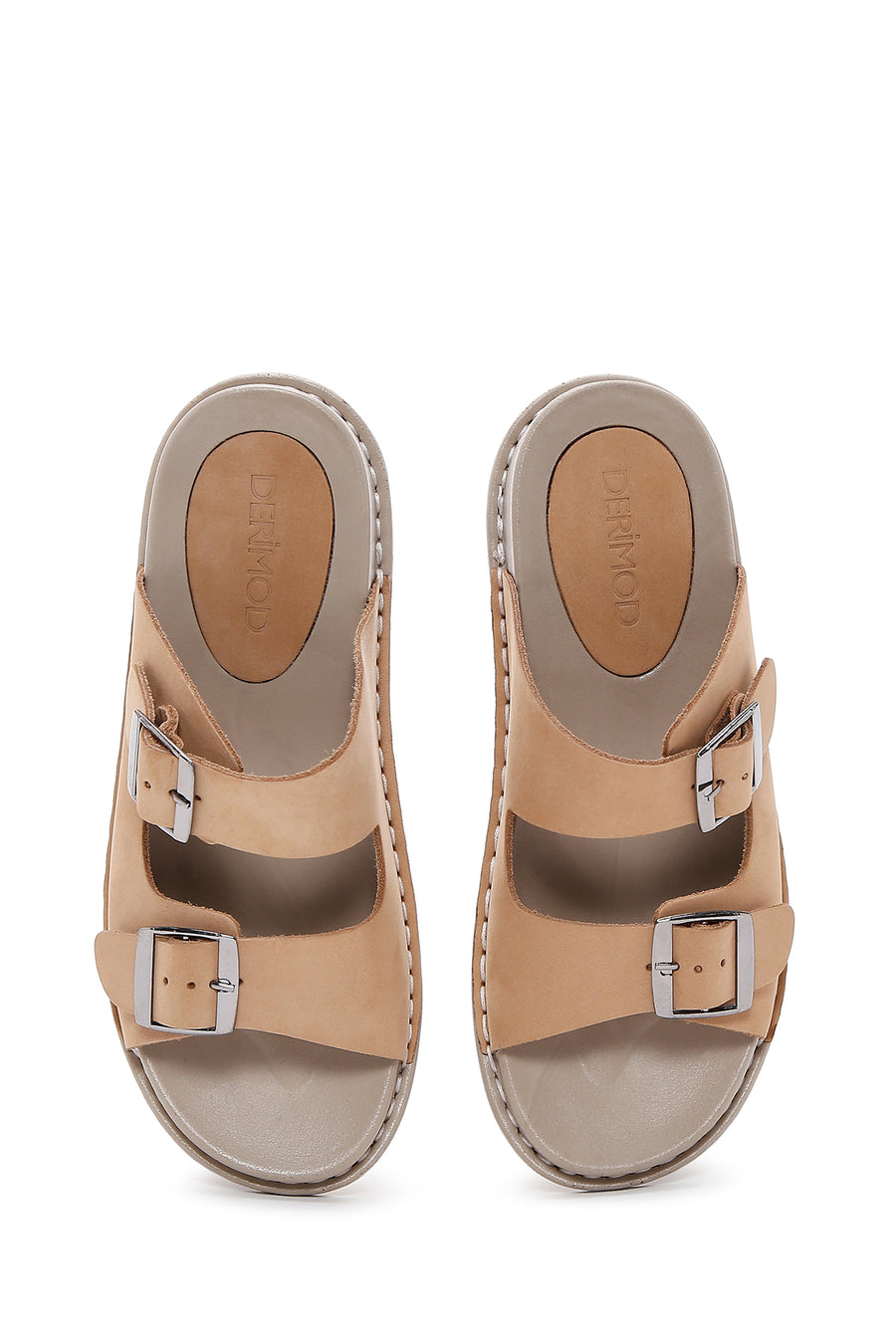 Women's Beige Double Buckled Nubuck Leather Comfort Slippers