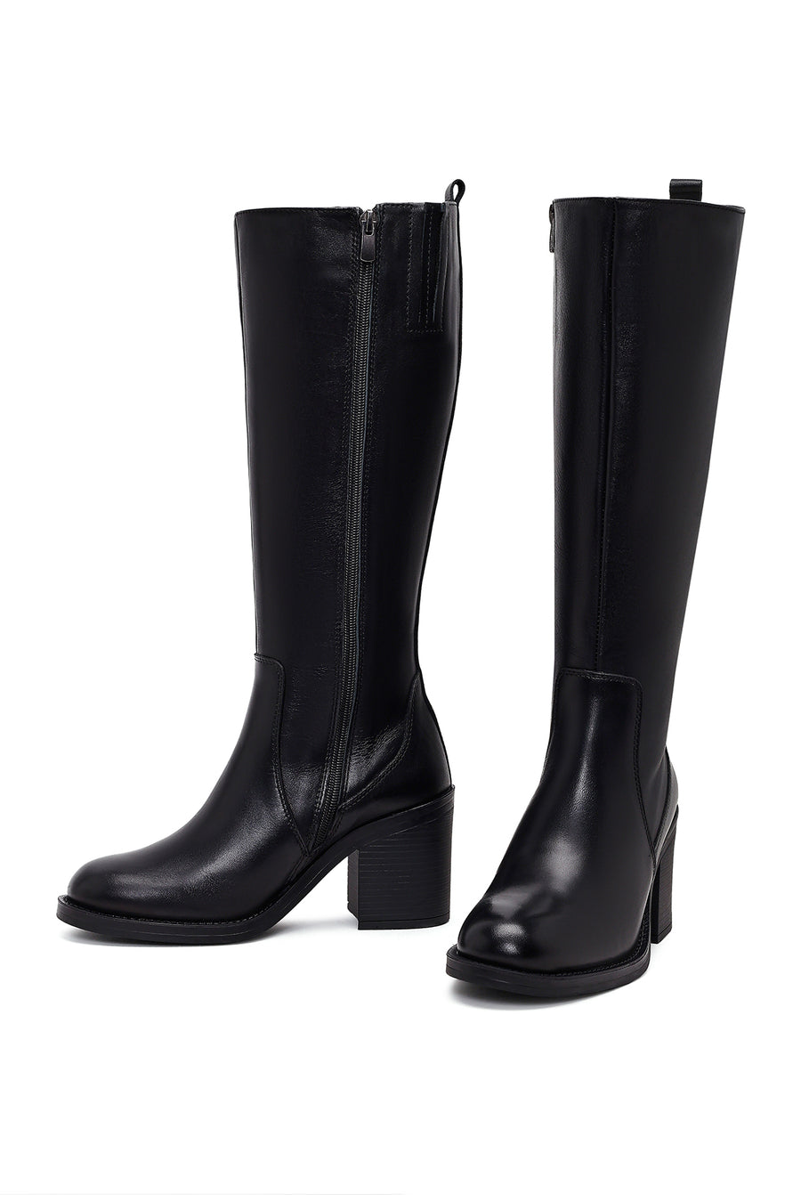 Woman Black Zip Closure Chunky Heeled Leather Boots