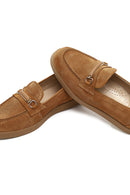 Women's Tan Buckled Suede Leather Comfort Loafer | Derimod