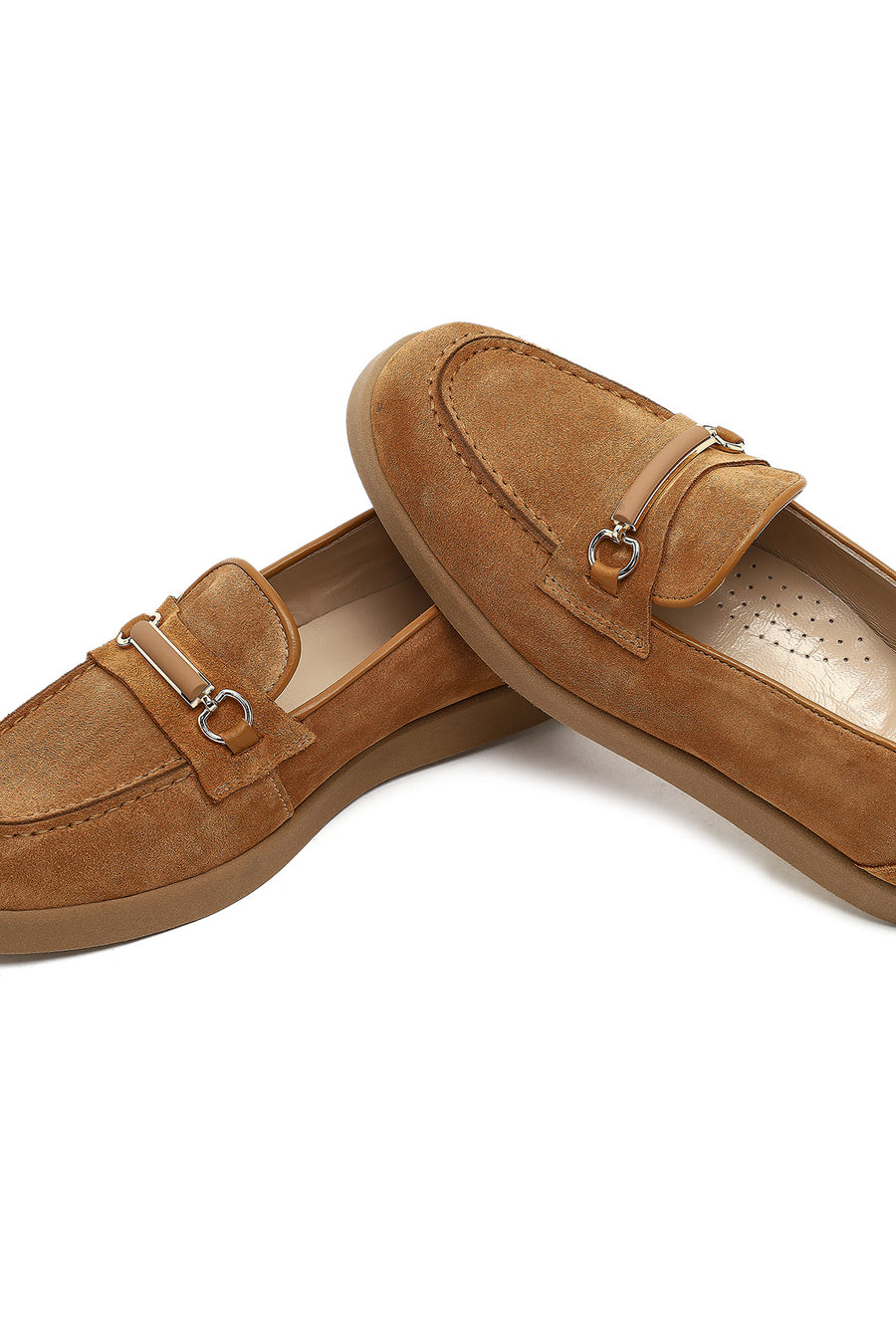 Women's Tan Buckled Suede Leather Comfort Loafer