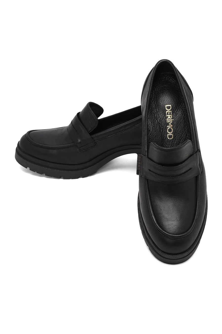 Kadın Siyah Kalın Topuklu Deri Maskülen Loafer