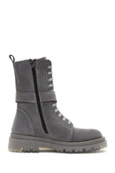 Women's Gray Suede Leather Buckle Flat Boots | Derimod