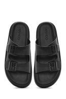 Men's Black Buckled Leather Slippers | Derimod