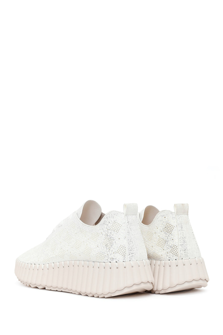 Woman White Lace-Up Patterned Thick-Soled Fabric Sneaker