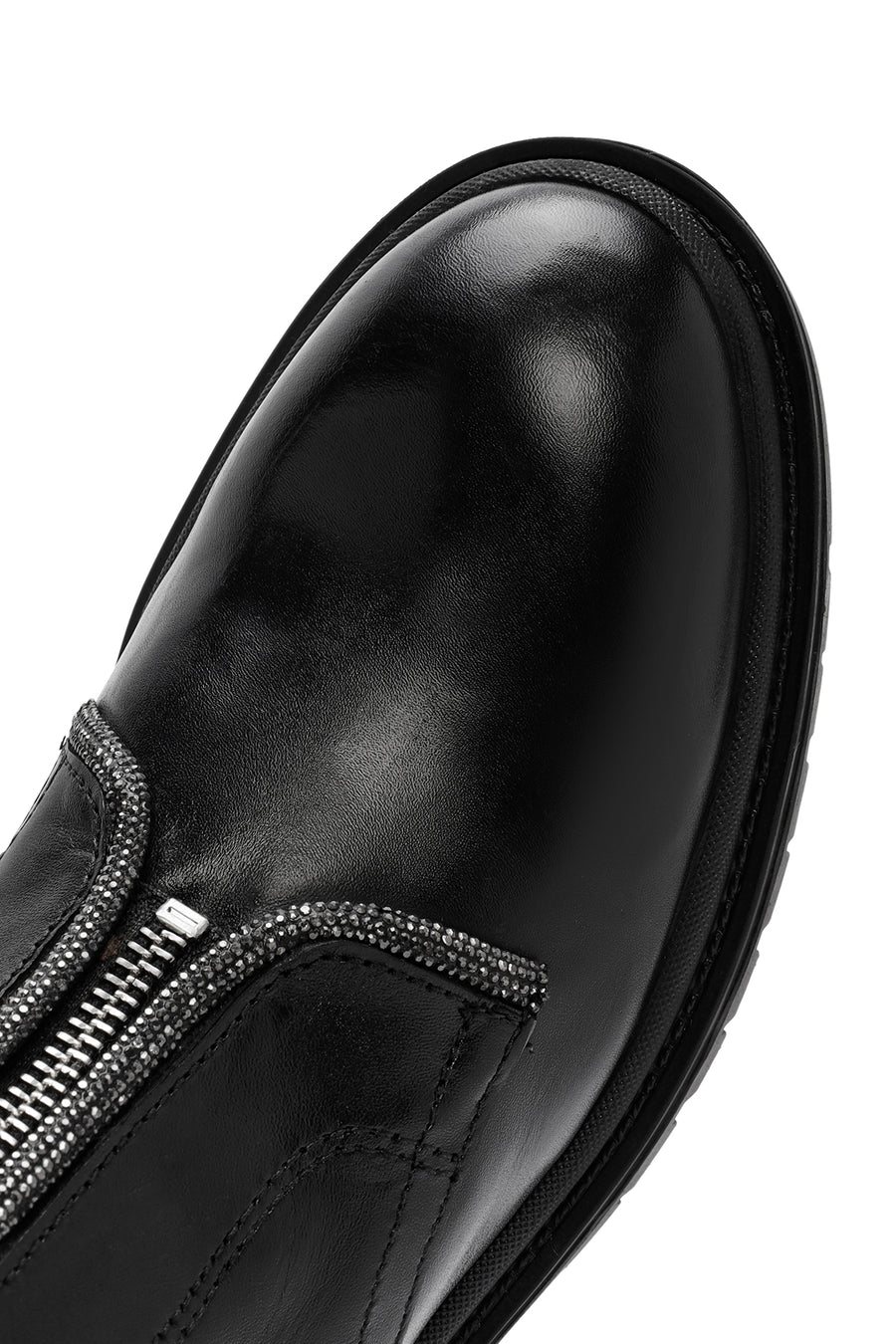 Women's Black Zippered Stoned Leather Combat Boots