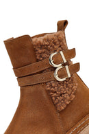 Woman Tan Zippered Suede Leather Teddy Bot | Derimod