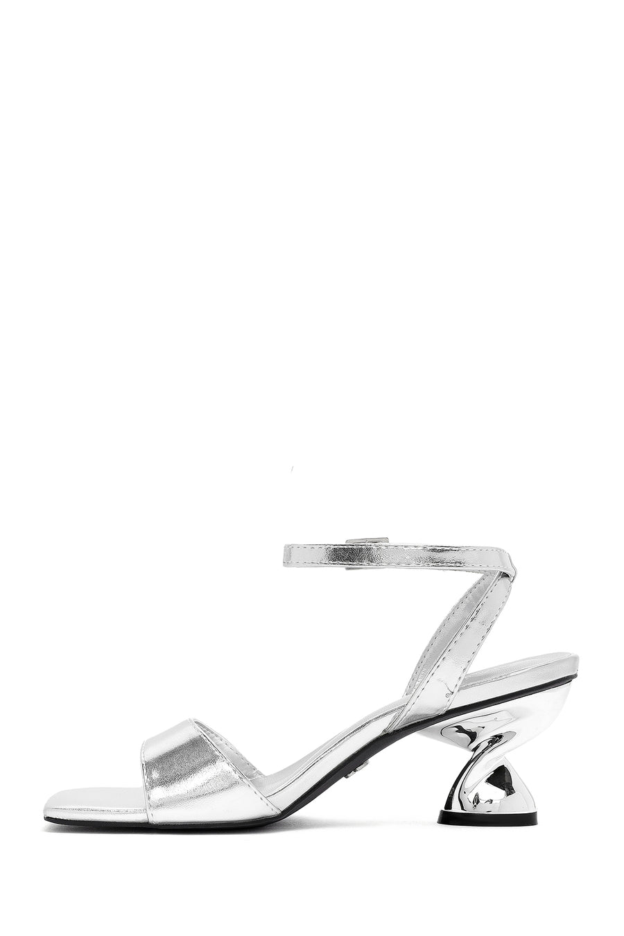 Women's Silver Ankle Buckle Chunky Heel Metallic Sandals