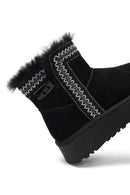 Women's Black Thick-Soled Patterned Suede Leather Teddy Boot | Derimod