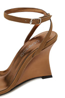 Woman Tan Ankle-Buckle Wedge-Heel Suede Sandal | Derimod