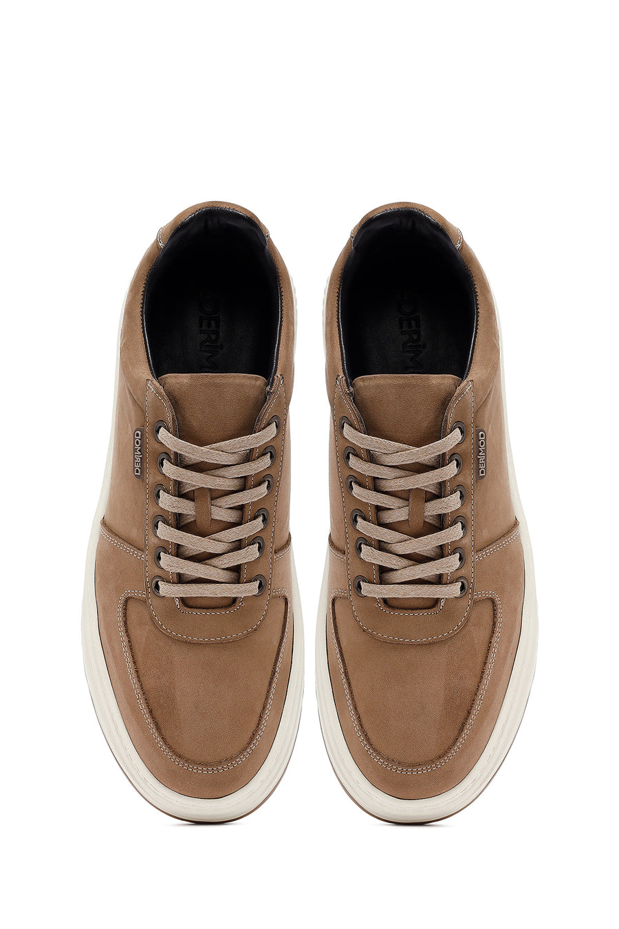 Men's Beige Lace-Up Thick-Soled Nubuck Leather Sneakers
