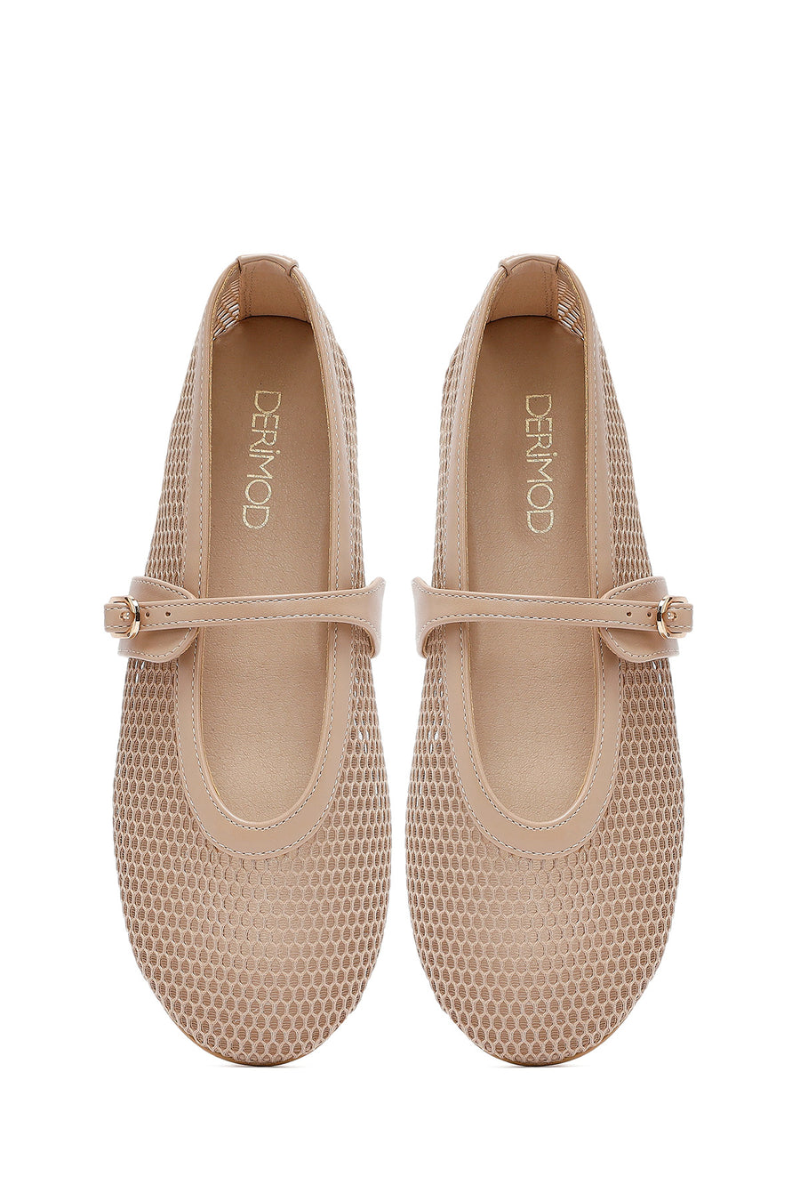 Woman Beige Net Buckled Ballerinas