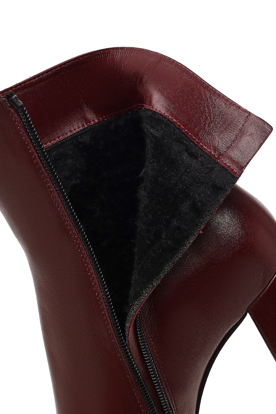 Women's Burgundy Zippered Thick High Heel Leather Boot