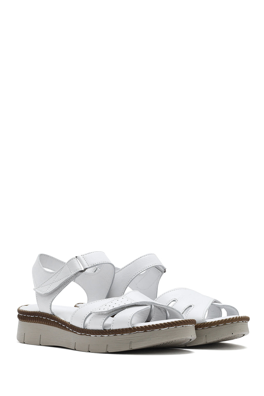 Women's White Ankle Strap Thick Soled Leather Comfort Sandals