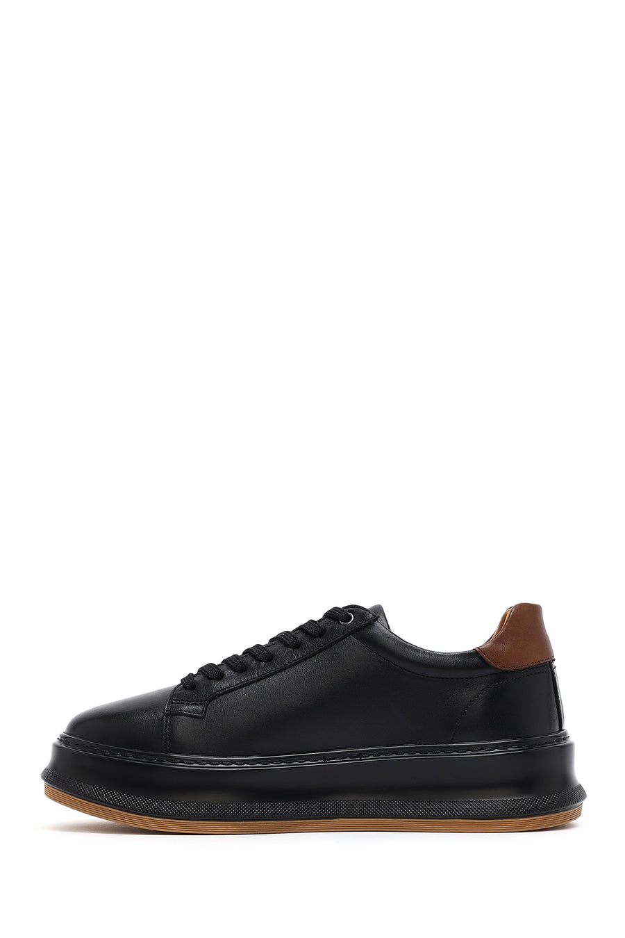 Erkek Siyah Bağcıklı Kalın Tabanlı Deri Sneaker