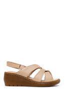 Woman Beige Wedge-Heeled Leather Comfort Sandal | Derimod