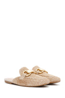 Women's Beige Buckle Detailed Straw Leather Slippers | Derimod