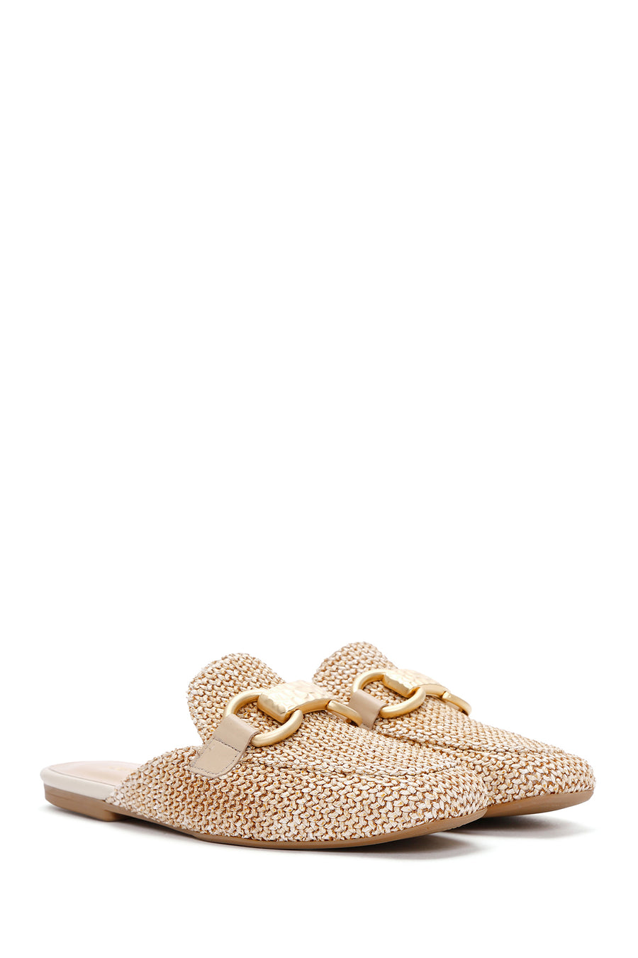 Women's Beige Buckle Detailed Straw Leather Slippers