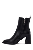 Woman Black Zip Closure Thick-Heeled Leather Boots | Derimod