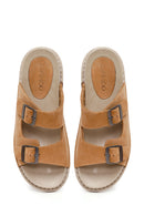 Woman Beige Double-Buckle Leather Comfort Slipper | Derimod