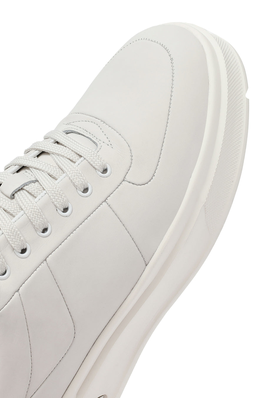Men's White Lace-Up Thick-Soled Leather Sneakers