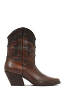 Women's Brown Short Chunky Heel Leather Cowboy Boots | Derimod