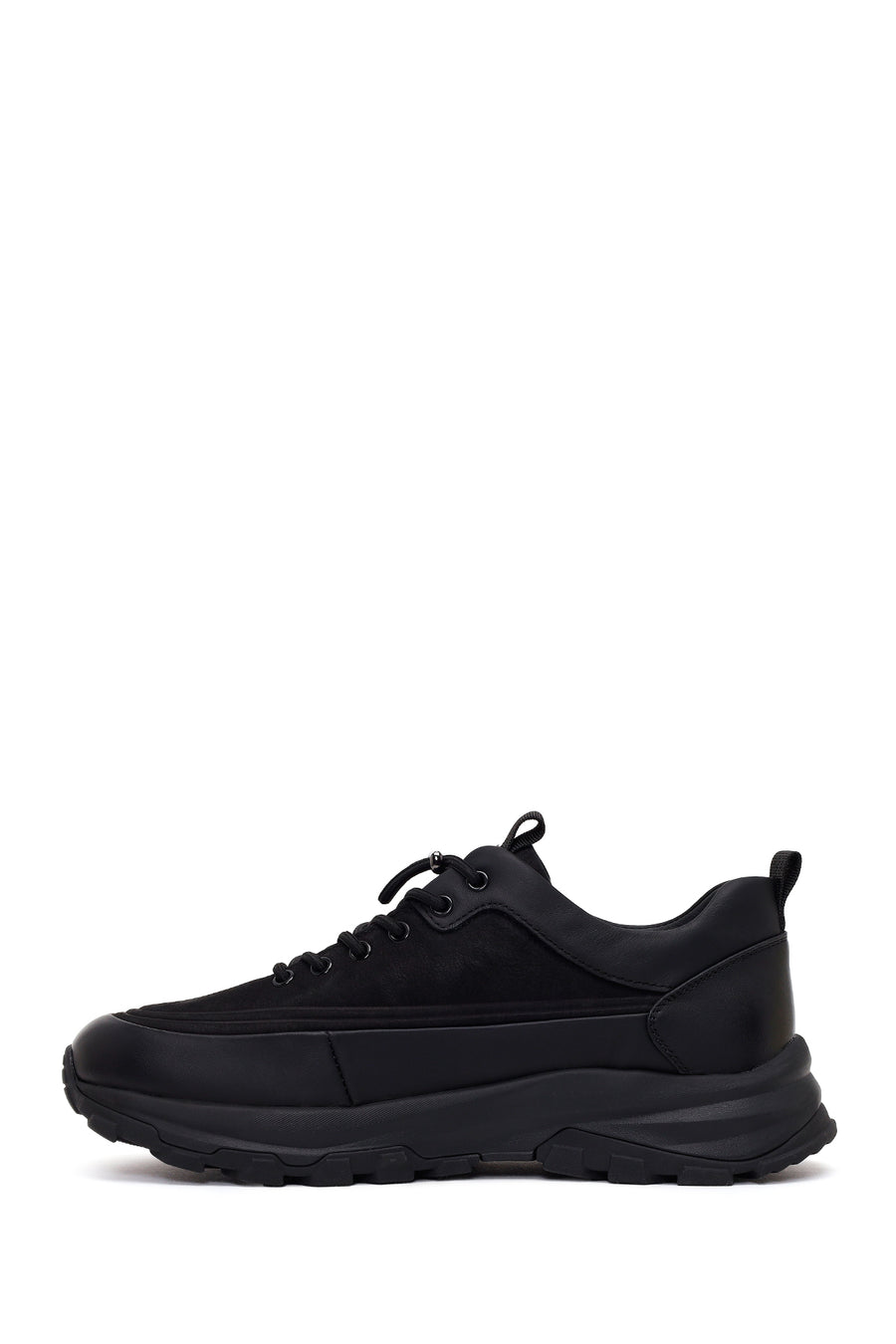 Erkek Siyah Bağcıklı Kalın Tabanlı Deri Casual Sneaker