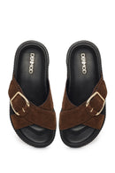 Woman Brown Suede Leather Slippers | Derimod