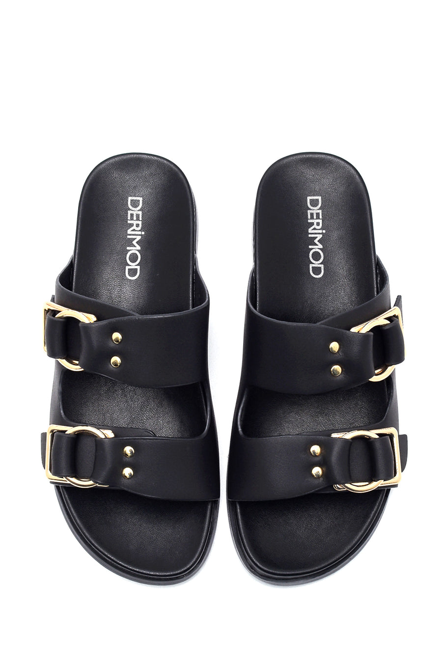 Women's Black Double Buckle Slippers