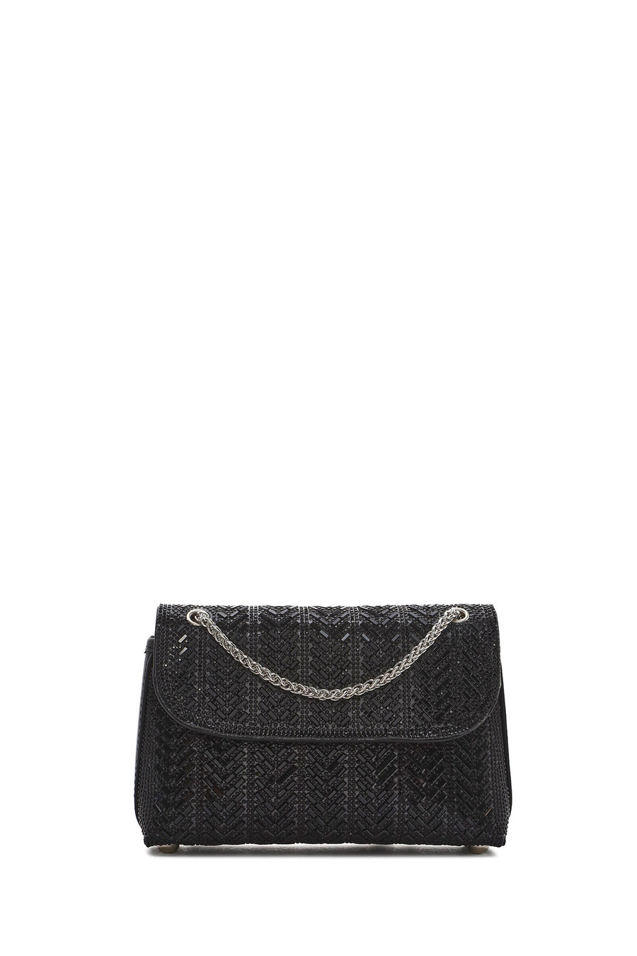 Woman Black Long Strap Stoned Mini Clutch Evening Bag
