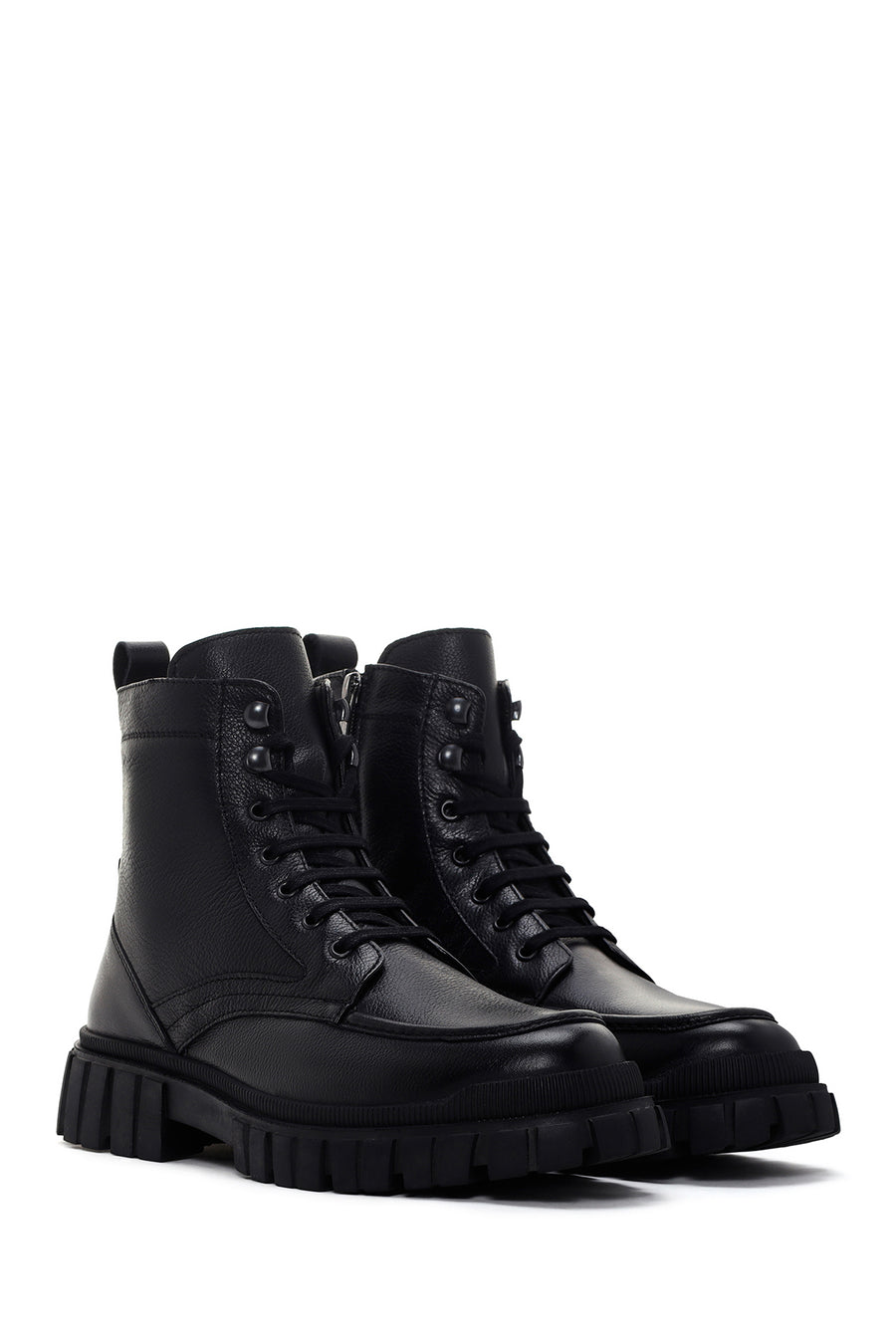 Men's Black Zippered Leather Combat Boots