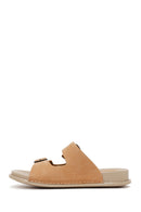 Woman Beige Double-Buckle Leather Comfort Slipper | Derimod