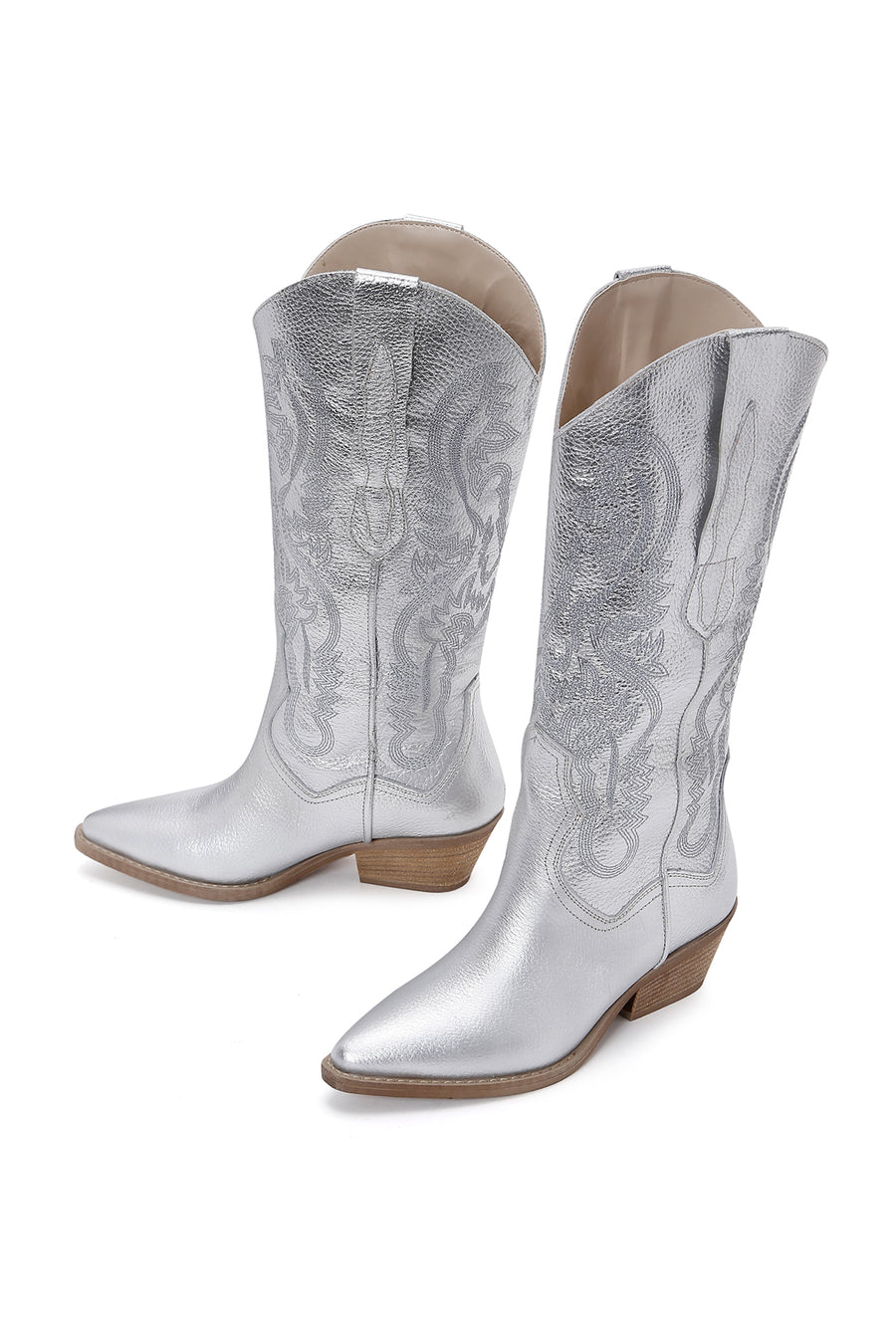 Women's Silver Leather Patterned Cowboy Boots