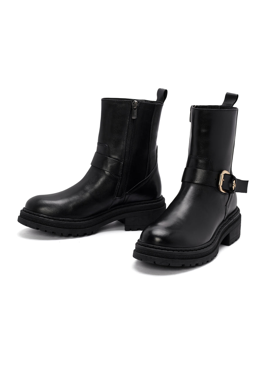 Women's Black Buckle Detailed Zippered Leather Boots