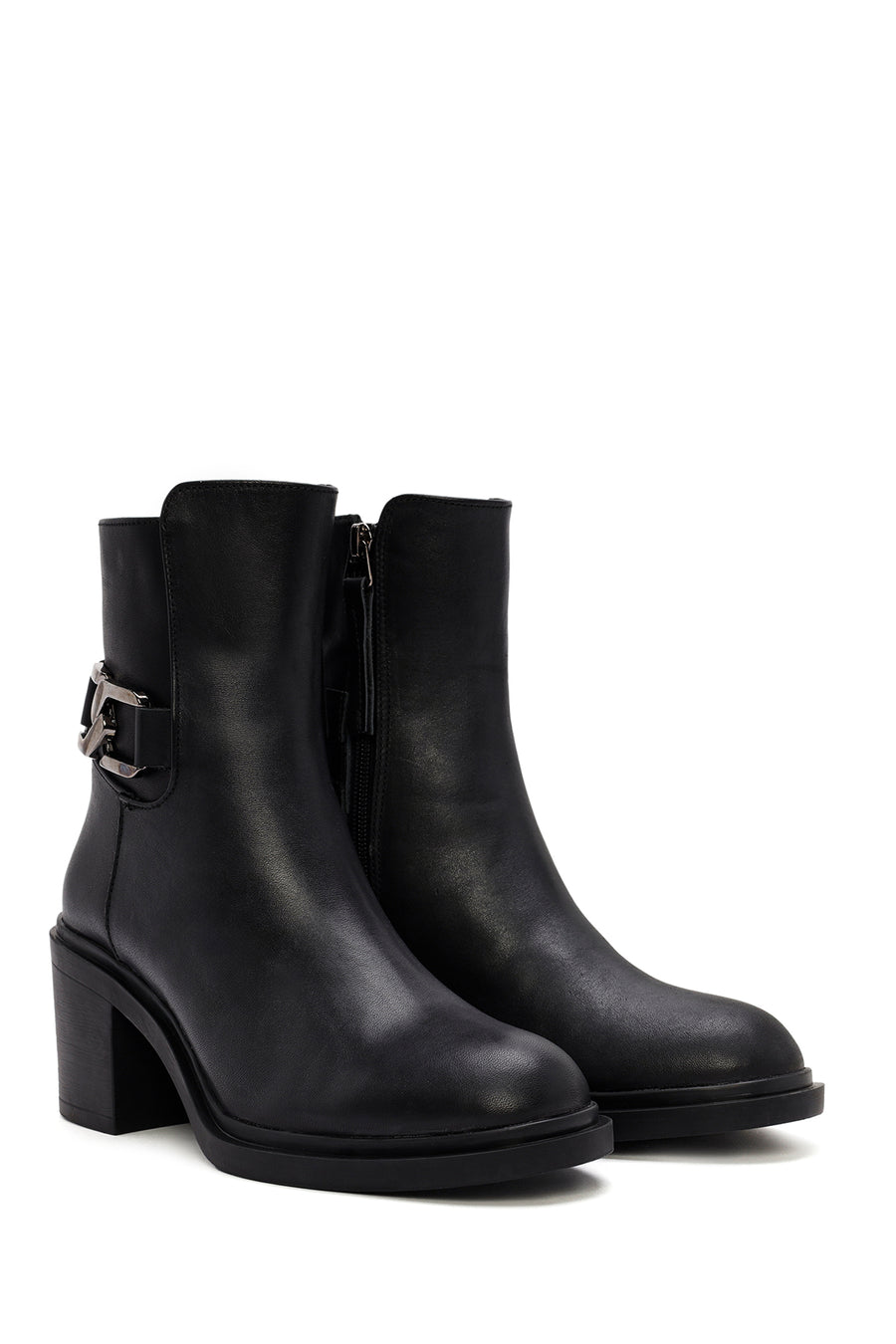 Women's Black Buckle Detailed Zippered Thick Heeled Leather Boots