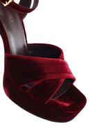Women's Burgundy Ankle Buckle Platform High Thick Heel Velvet Sandals | Derimod