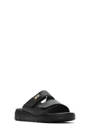 Women's Black Double-Striped Leather Comfort Slippers | Derimod