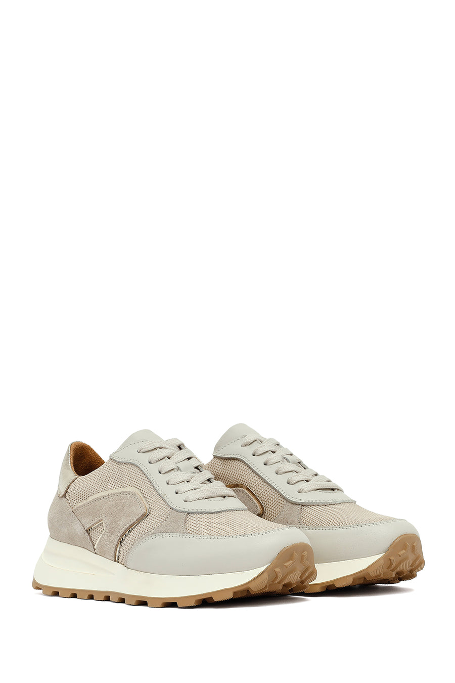 Woman Beige Lace-Up Thick Sole Leather Sneakers