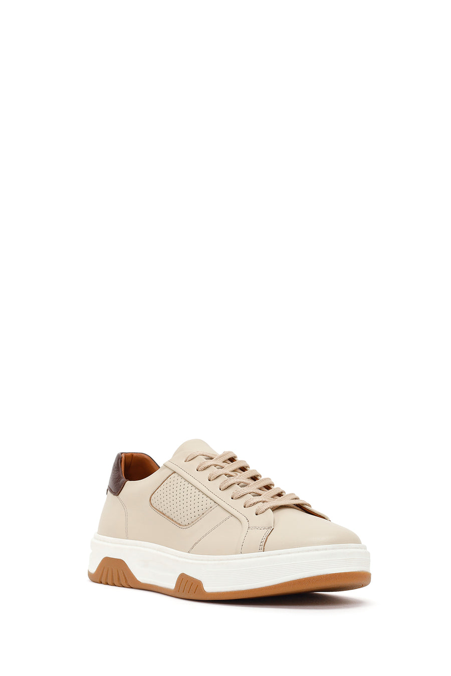 Erkek Bej Kalın Tabanlı Bağcıklı Deri Sneaker
