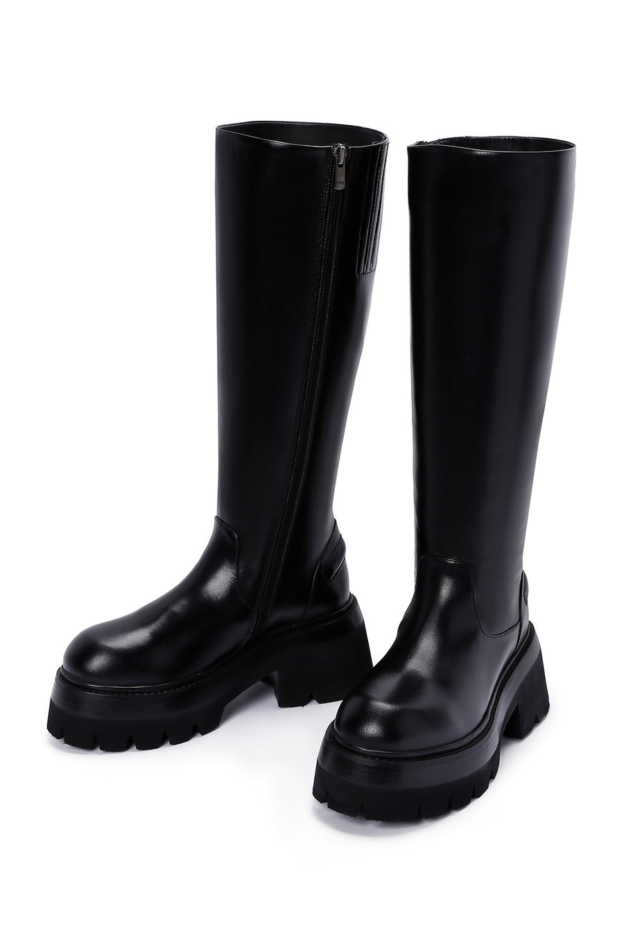 Women's Black Thick High-Sole Zippered Leather Boots