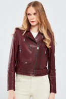 London Women's Burgundy Biker Leather Jacket | Derimod
