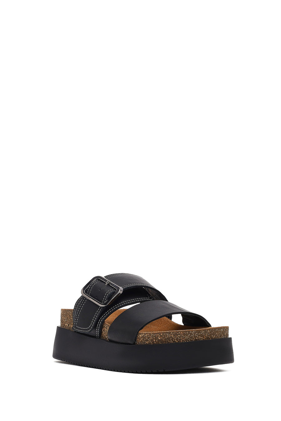 Women's Black Buckled Thick-Soled Leather Slippers