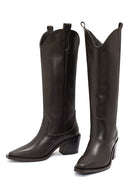 Women's Brown Chunky Heel Leather Cowboy Boots | Derimod