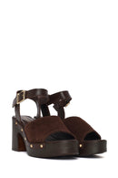 Woman Brown Ankle-Buckle Thick-Heel Suede Leather Sandals | Derimod