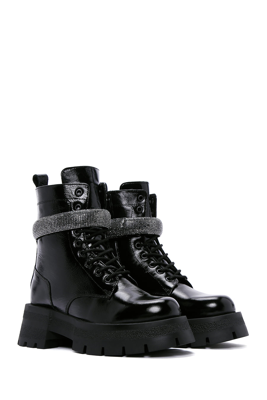 Women's Black Leather Stone Thick Soled Boots