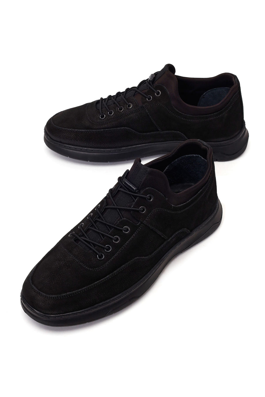 Erkek Siyah Bağcıklı Kalın Tabanlı Nubuk Deri Casual Sneaker