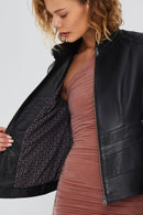 Sandy Women's Black Embroidered Leather Jacket | Derimod