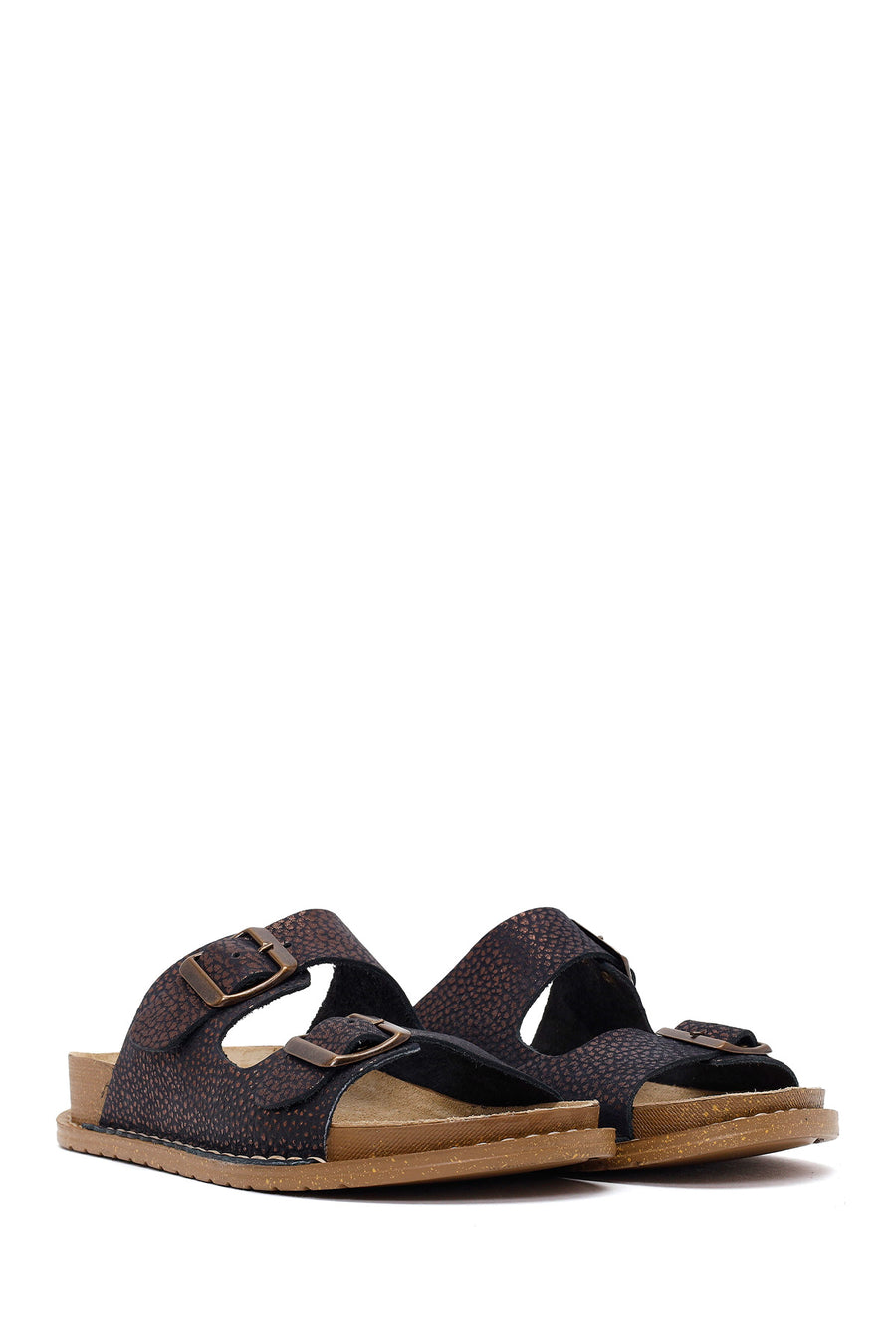 Woman Brown Patterned Glittery Leather Slipper